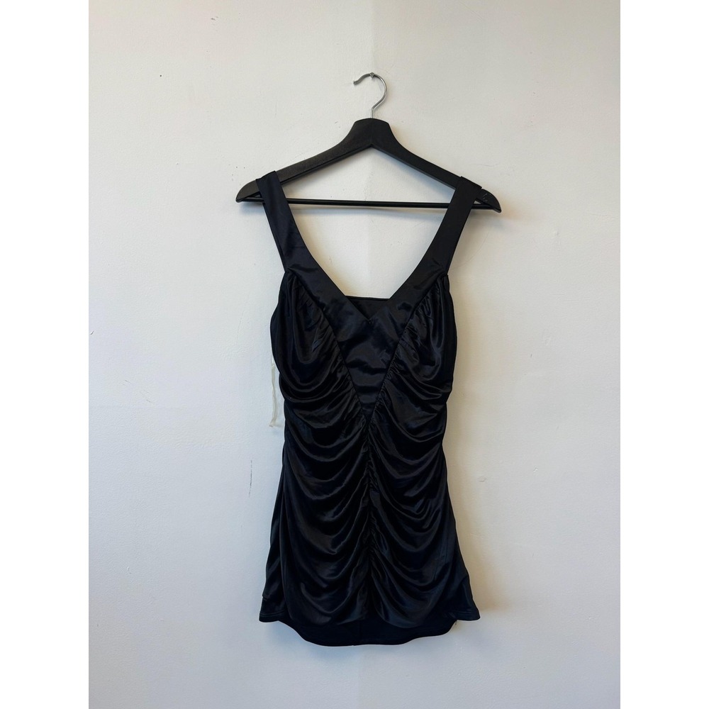 Studio Y Top Large Black Ruched Satin Sleeveless Party Blouse Shirt VTG Y2K‎